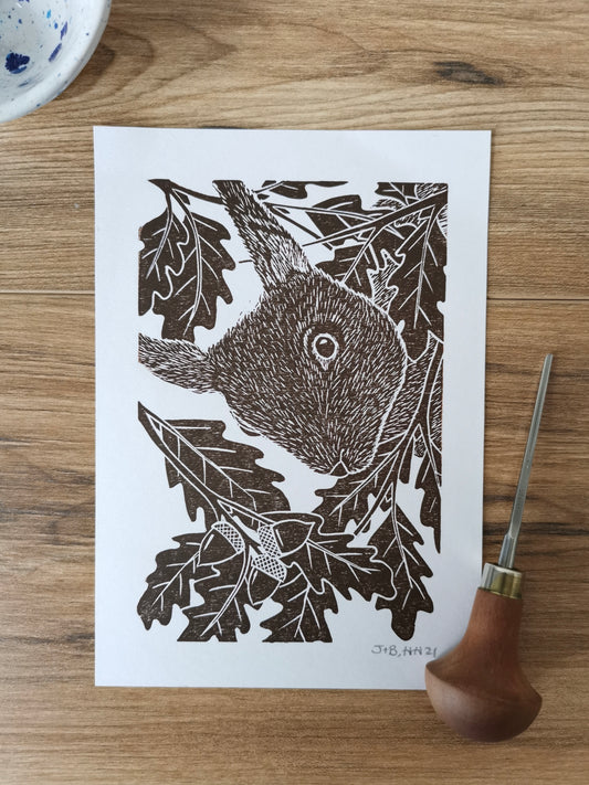 Red Squirrel hand printed linocut nature art print