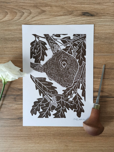 Red Squirrel hand printed linocut nature art print