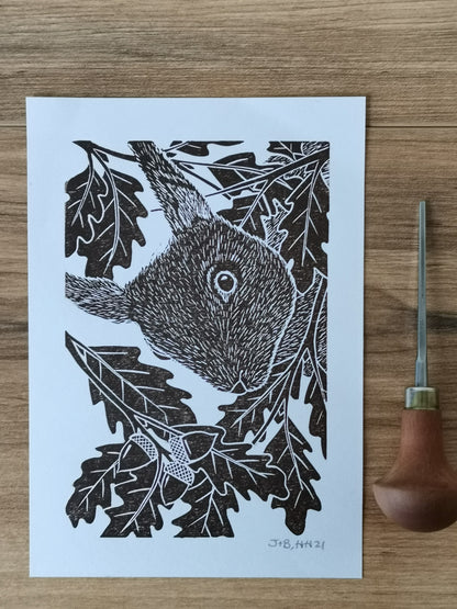 Red Squirrel hand printed linocut nature art print