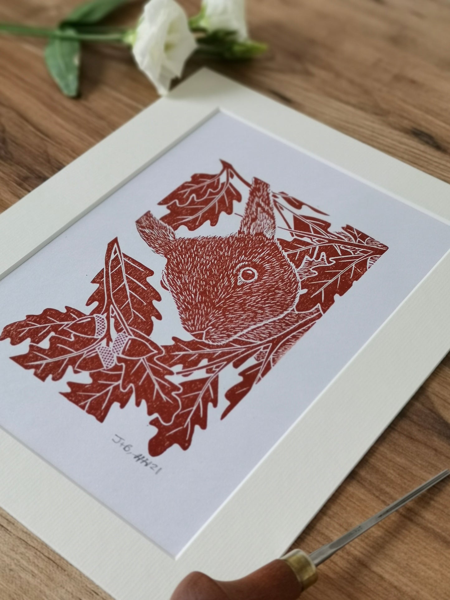 Peekaboo Red Squirrel hand printed linocut nature art print
