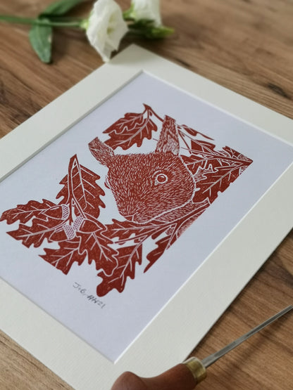 Peekaboo Red Squirrel hand printed linocut nature art print