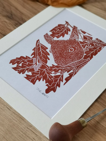 Peekaboo Red Squirrel hand printed linocut nature art print