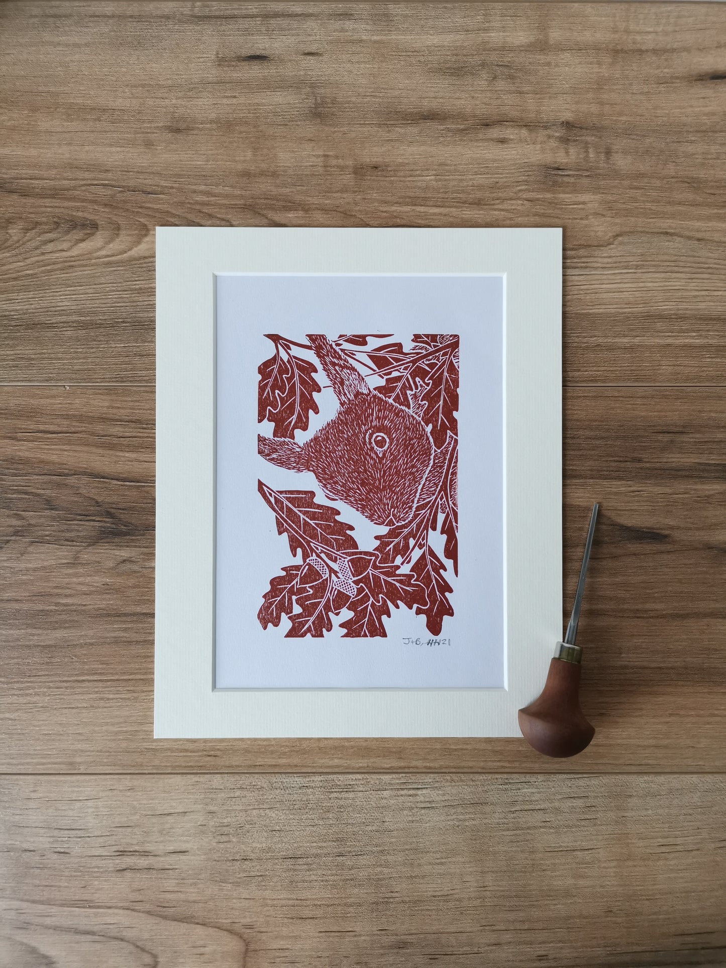 Peekaboo Red Squirrel hand printed linocut nature art print