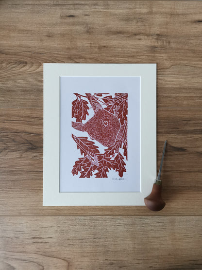 Peekaboo Red Squirrel hand printed linocut nature art print