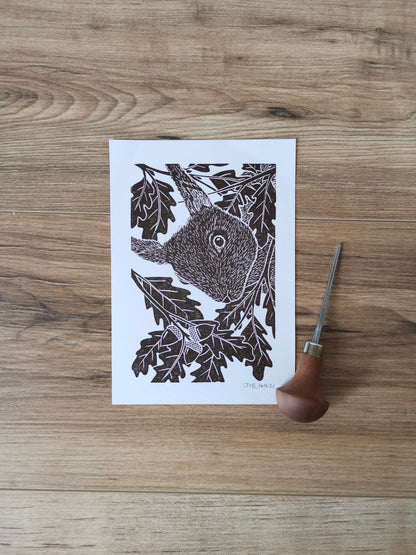 Red Squirrel hand printed linocut nature art print