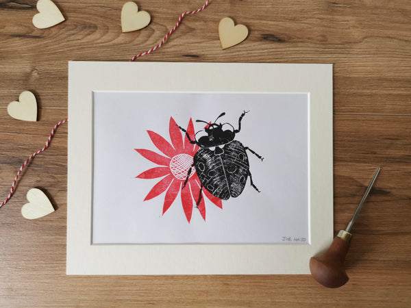 Seven-spot Ladybird on flower, hand printed ladybug original insect Lino print