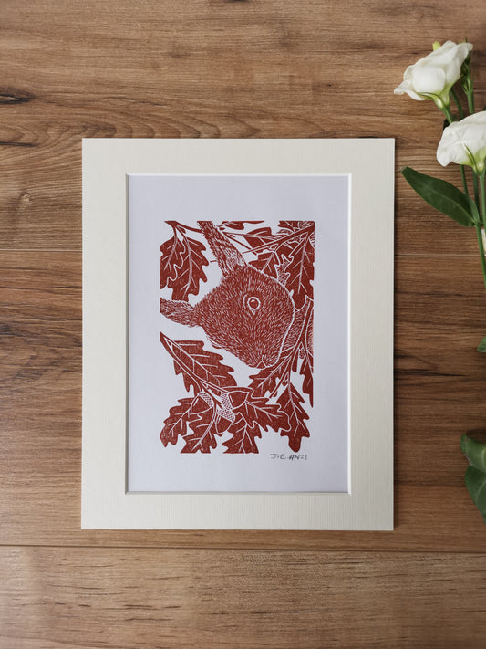 Peekaboo Red Squirrel hand printed linocut nature art print