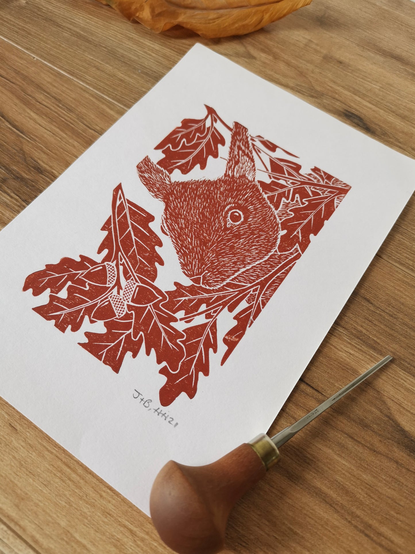 Peekaboo Red Squirrel hand printed linocut nature art print