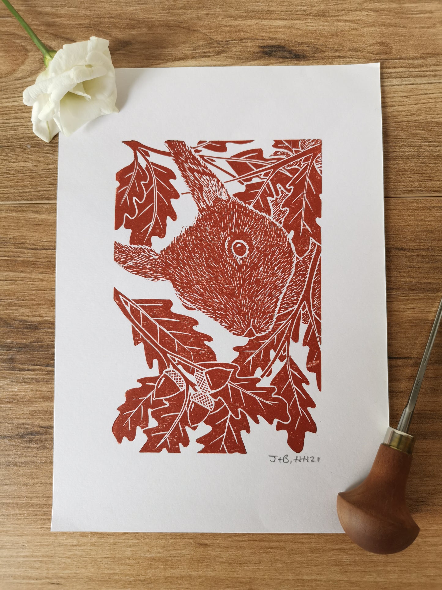 Peekaboo Red Squirrel hand printed linocut nature art print