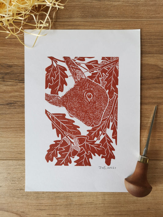 Peekaboo Red Squirrel hand printed linocut nature art print