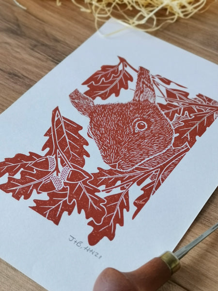 Peekaboo Red Squirrel hand printed linocut nature art print