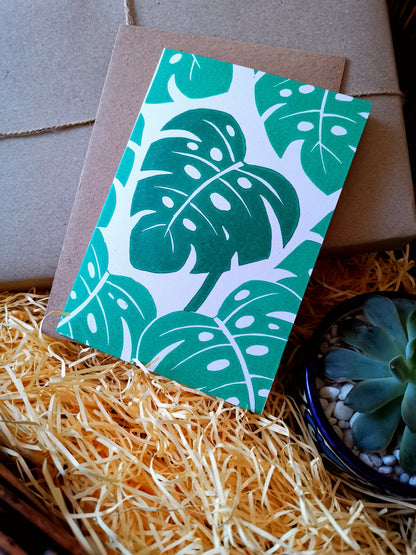 Leafy monstera house plant greeting card, lino cut hand printed birthday card