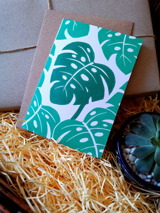 Leafy monstera house plant greeting card, lino cut hand printed birthday card