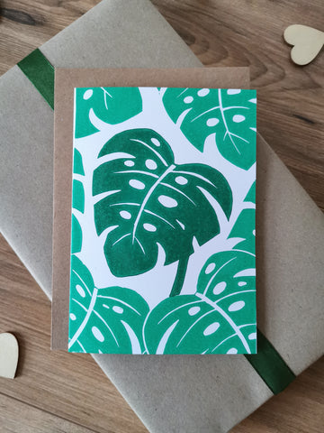 Leafy monstera house plant greeting card, lino cut hand printed birthday card