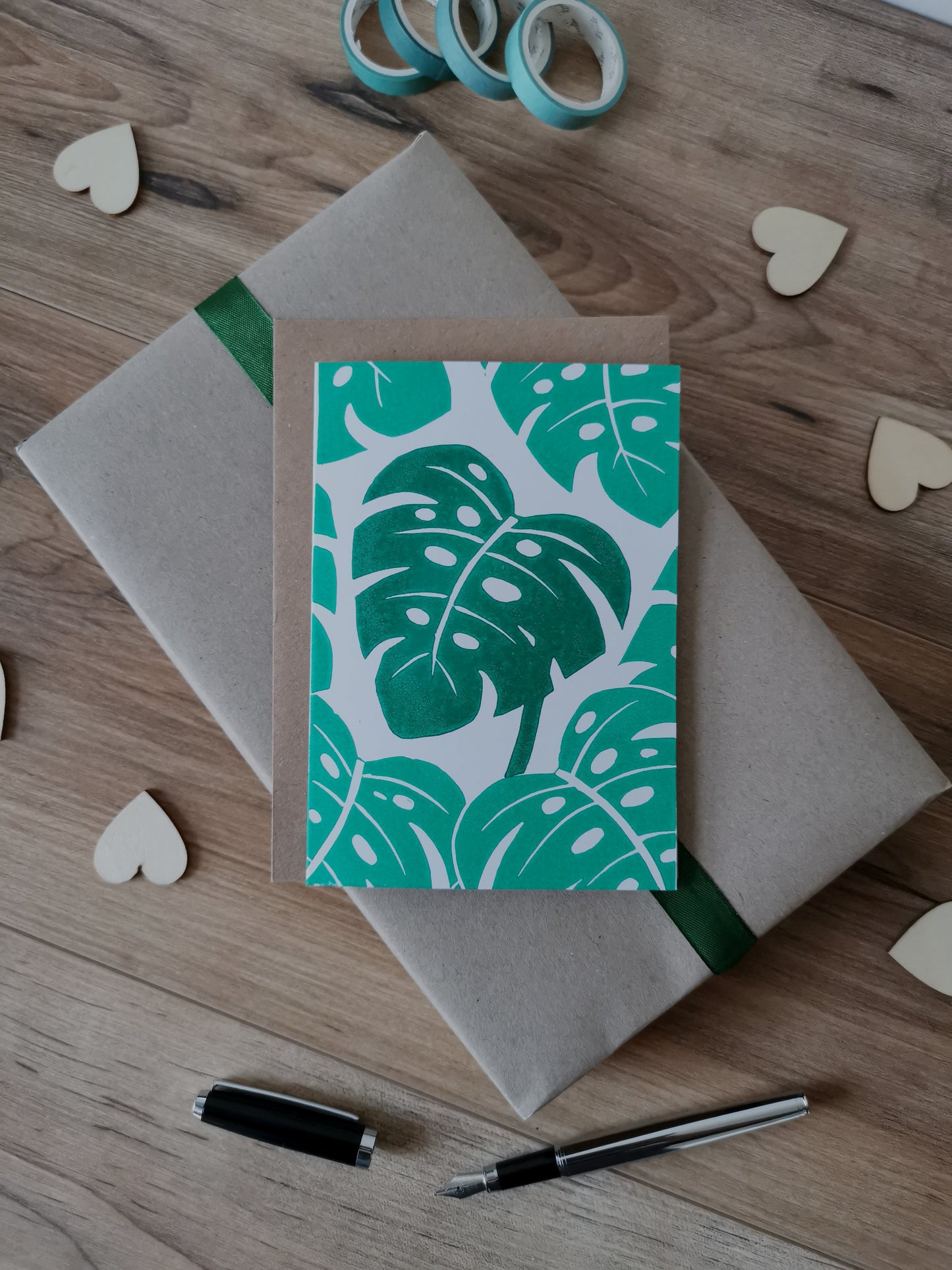 Leafy monstera house plant greeting card, lino cut hand printed birthday card
