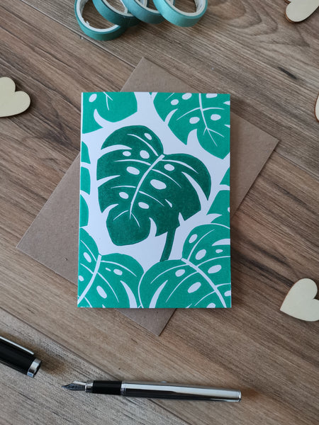 Leafy monstera house plant greeting card, lino cut hand printed birthday card