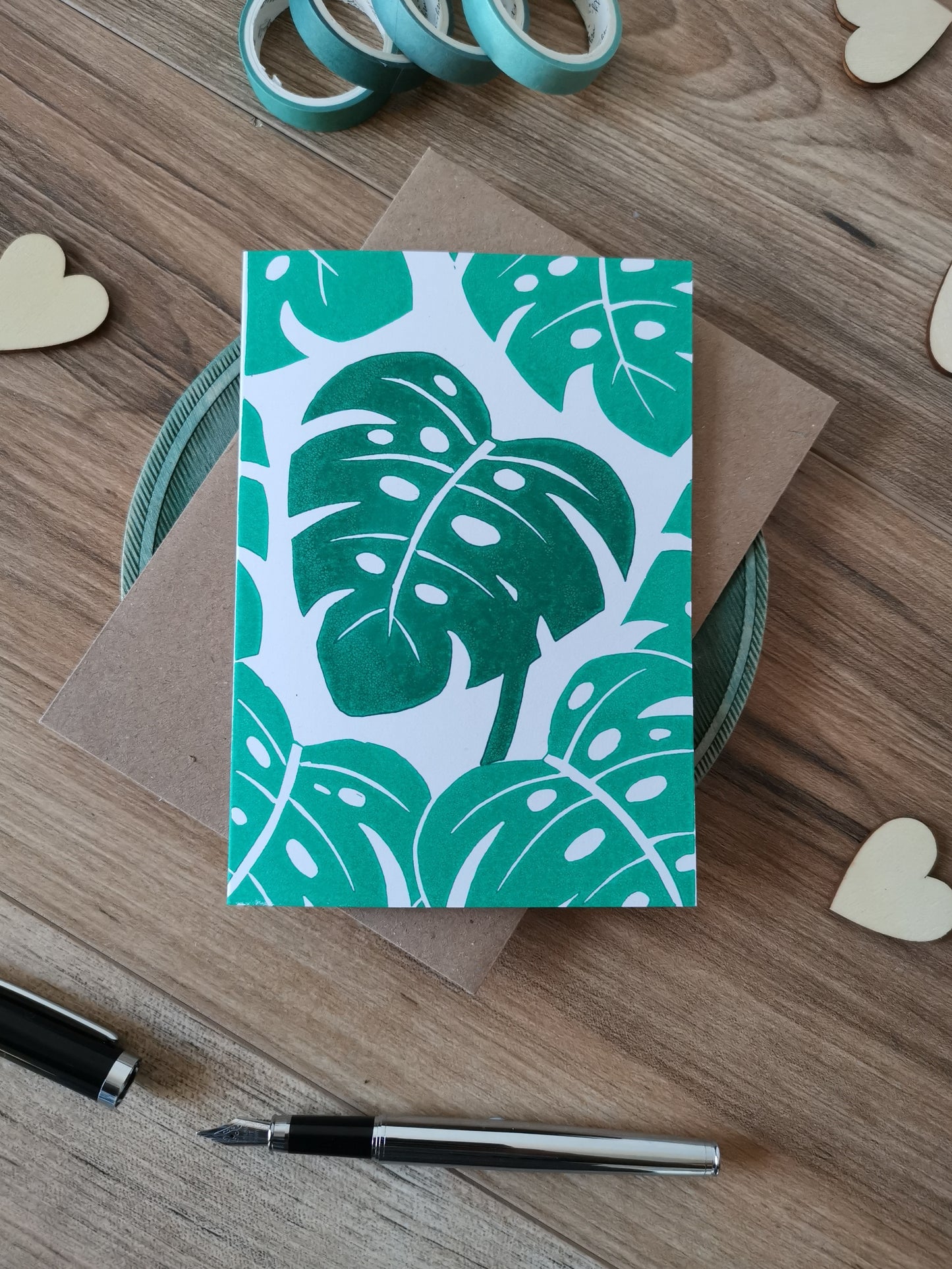 Leafy monstera house plant greeting card, lino cut hand printed birthday card