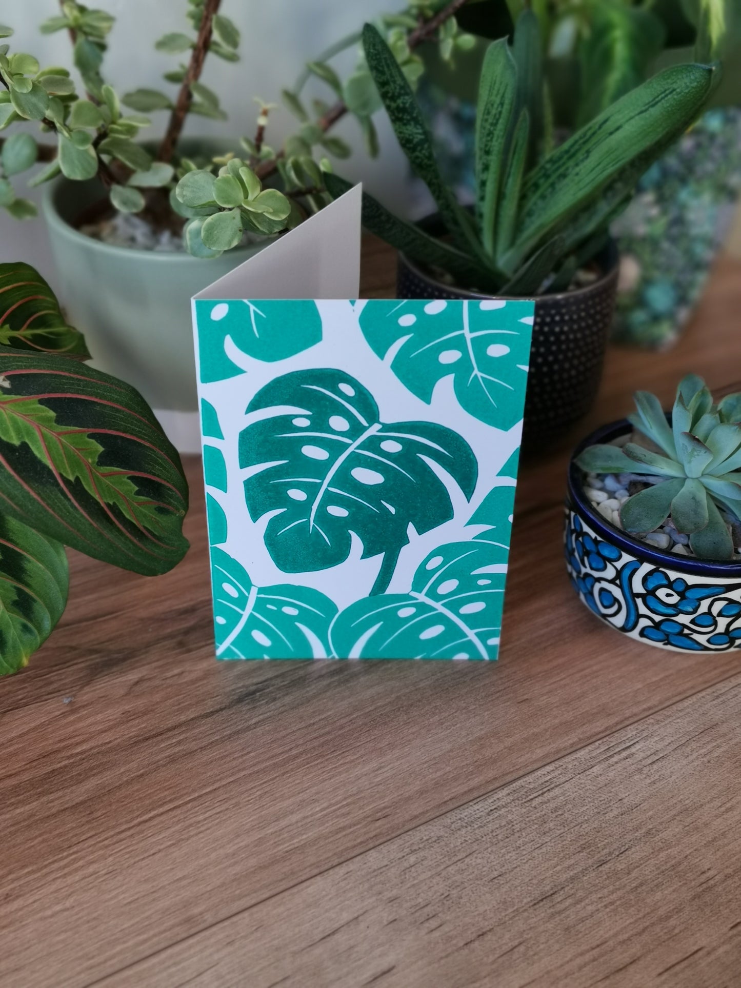 Leafy monstera house plant greeting card, lino cut hand printed birthday card