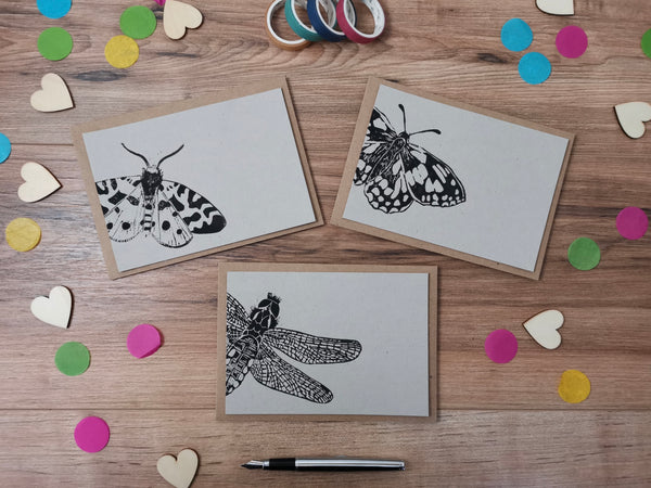 Hand printed insect notelets, notecards hand printed postcards, A6 Lino cut cards with envelopes