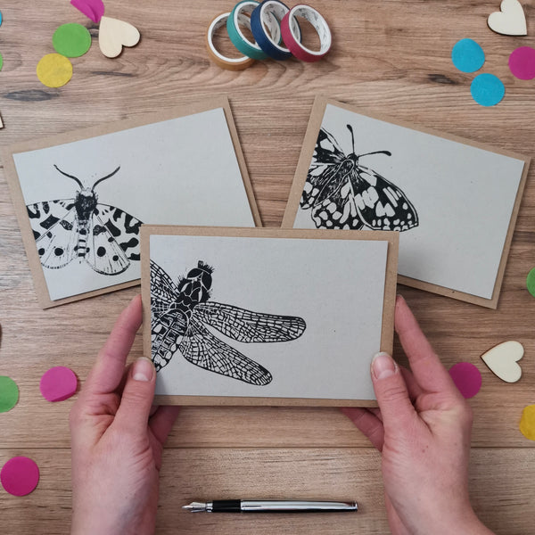 Hand printed insect notelets, notecards hand printed postcards, A6 Lino cut cards with envelopes