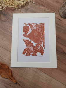 Peekaboo Red Squirrel hand printed linocut nature art print- almond