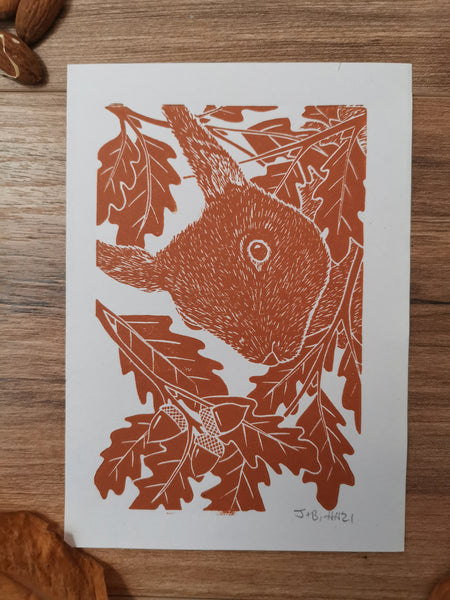 Peekaboo Red Squirrel hand printed linocut nature art print- almond