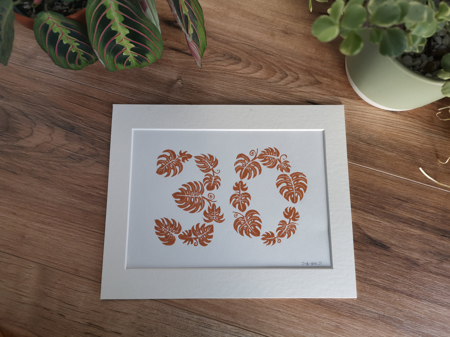 Special age monstera leaf lino cut art print birthday, anniversary gift