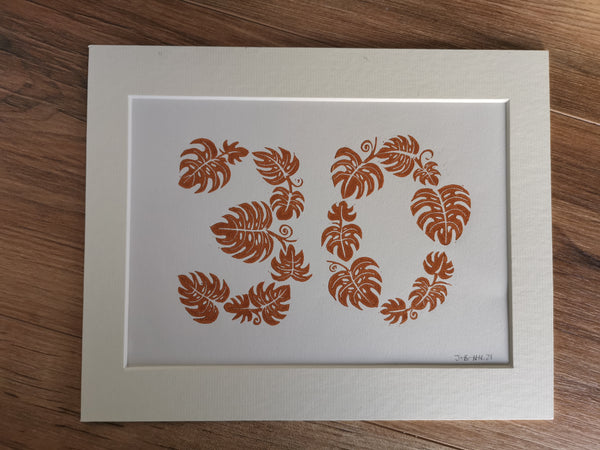 Special age monstera leaf lino cut art print birthday, anniversary gift
