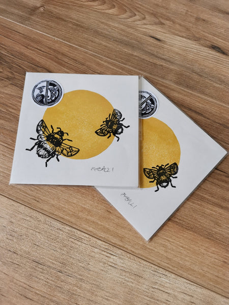 Duo of Bumblebees, hand printed mini lino art print