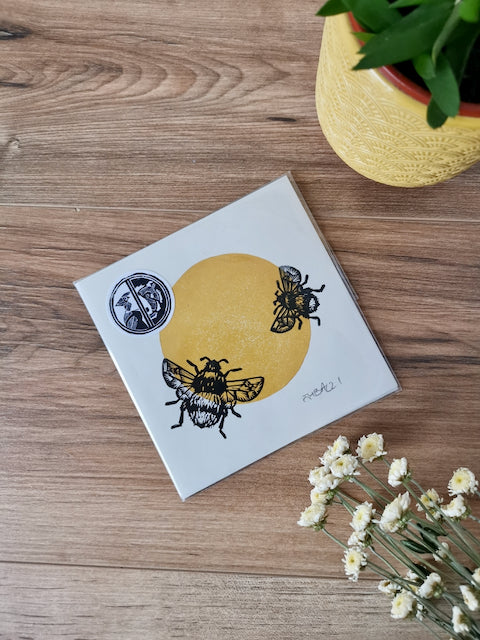 Duo of Bumblebees, hand printed mini lino art print