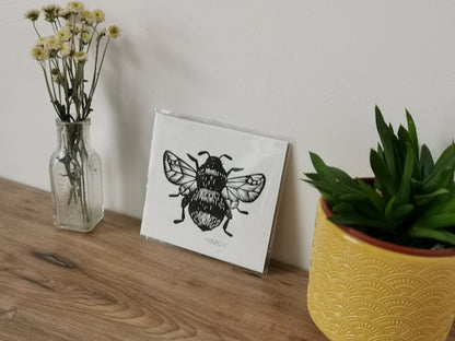 Handprinted Bumblebee linocut on Khadi handmade paper by Jackdaw and Bear