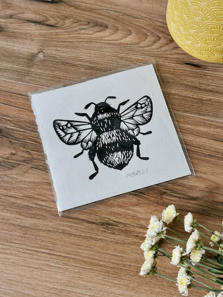 Handprinted Bumblebee linocut on Khadi handmade paper by Jackdaw and Bear
