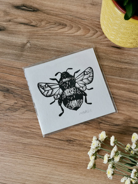 Handprinted Bumblebee linocut on Khadi handmade paper by Jackdaw and Bear