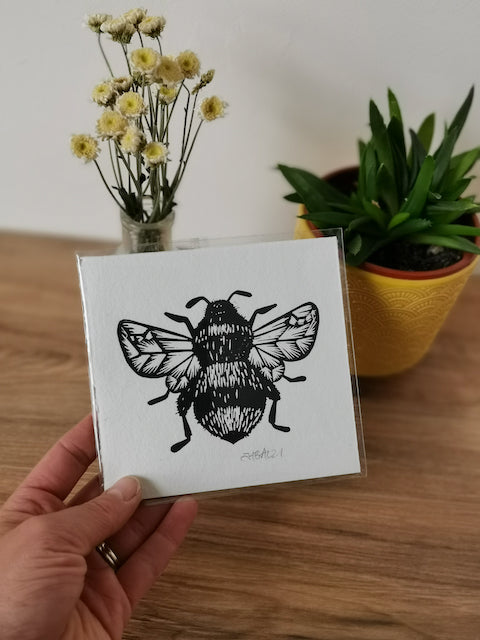Handprinted Bumblebee linocut on Khadi handmade paper by Jackdaw and Bear