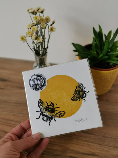 Duo of Bumblebees, hand printed mini lino art print