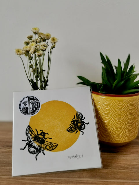 Duo of Bumblebees, hand printed mini lino art print