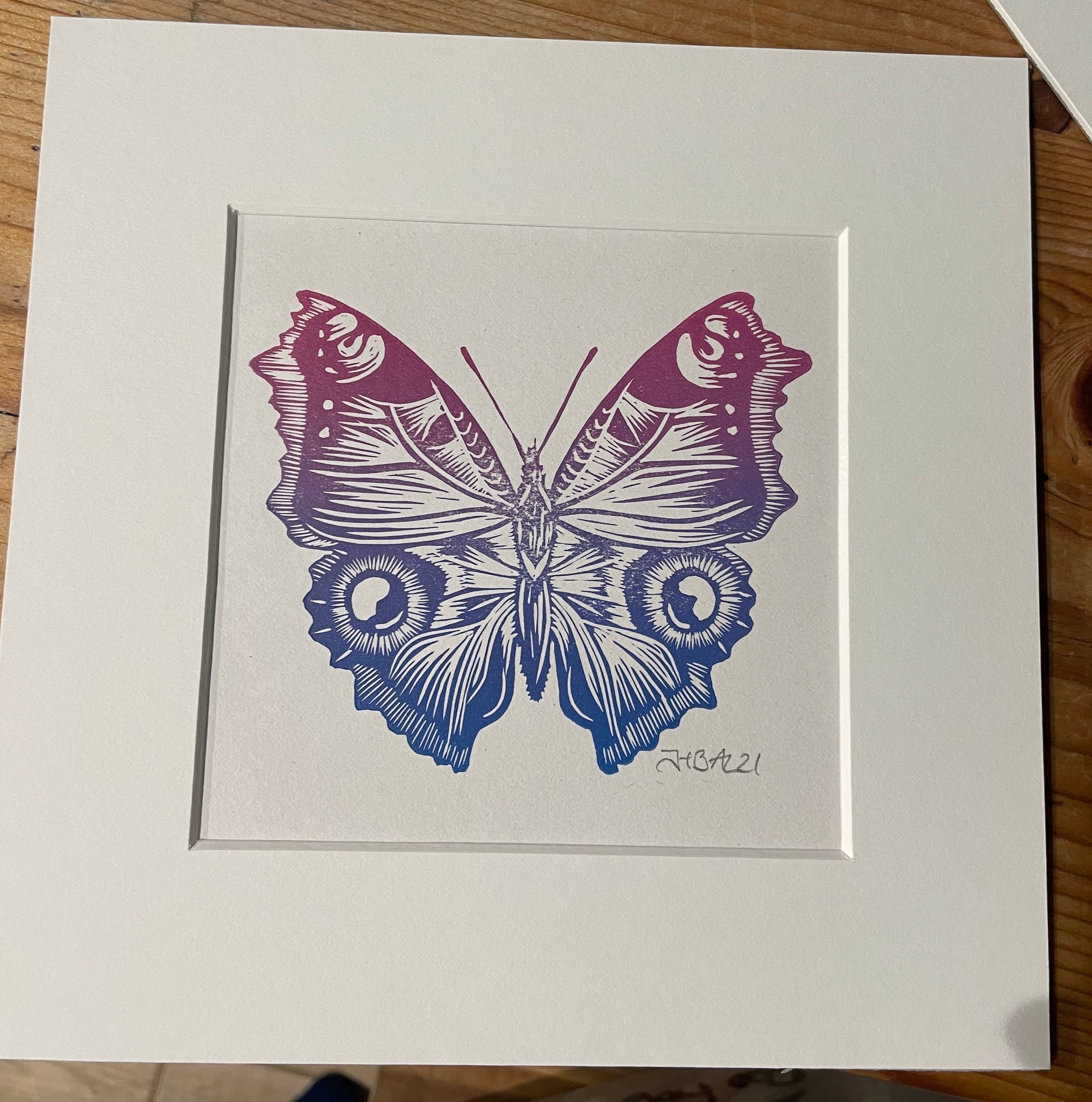 Colourful Butterfly Linocut art print, hand printed insect print peacock butterfly by Jackdaw and Bear