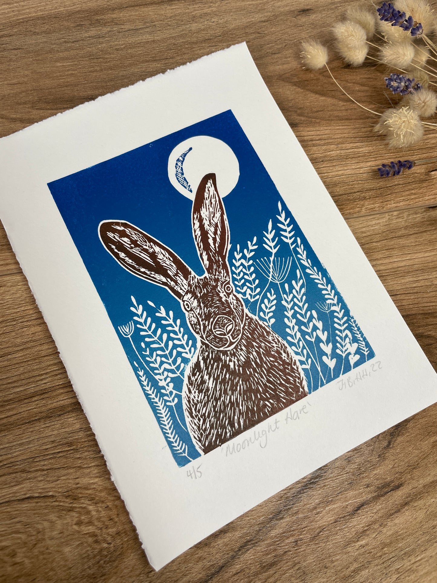 Moonlight meadow hare original mammal Linocut print