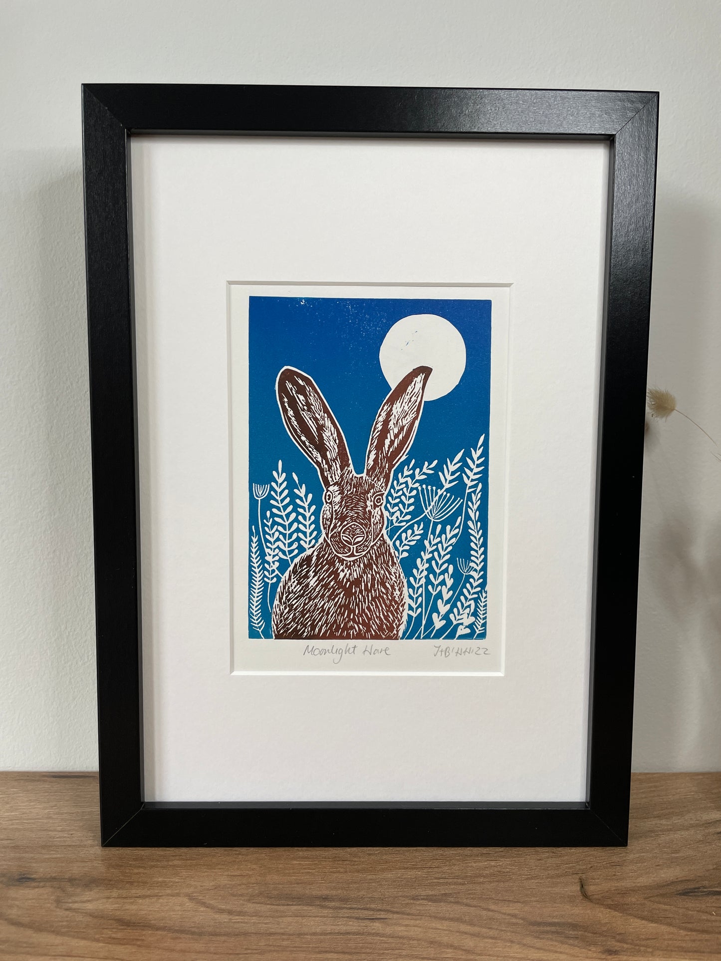 Moonlight meadow hare original mammal Linocut print