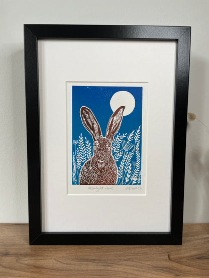 Moonlight meadow hare original mammal Linocut print
