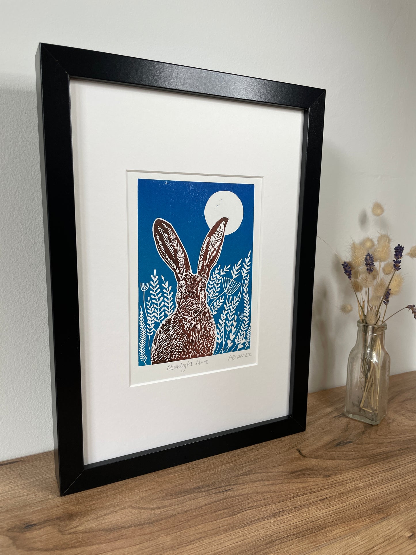 Moonlight meadow hare original mammal Linocut print