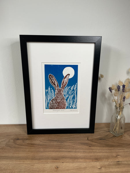 Moonlight meadow hare original mammal Linocut print