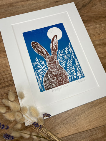 Moonlight meadow hare original mammal Linocut print