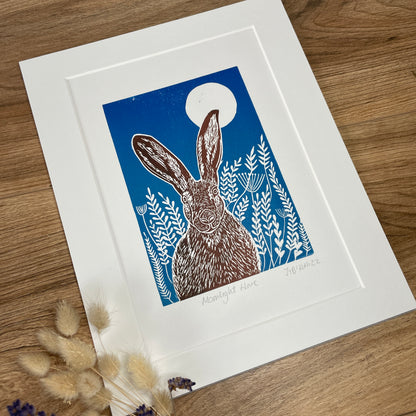 Moonlight meadow hare original mammal Linocut print