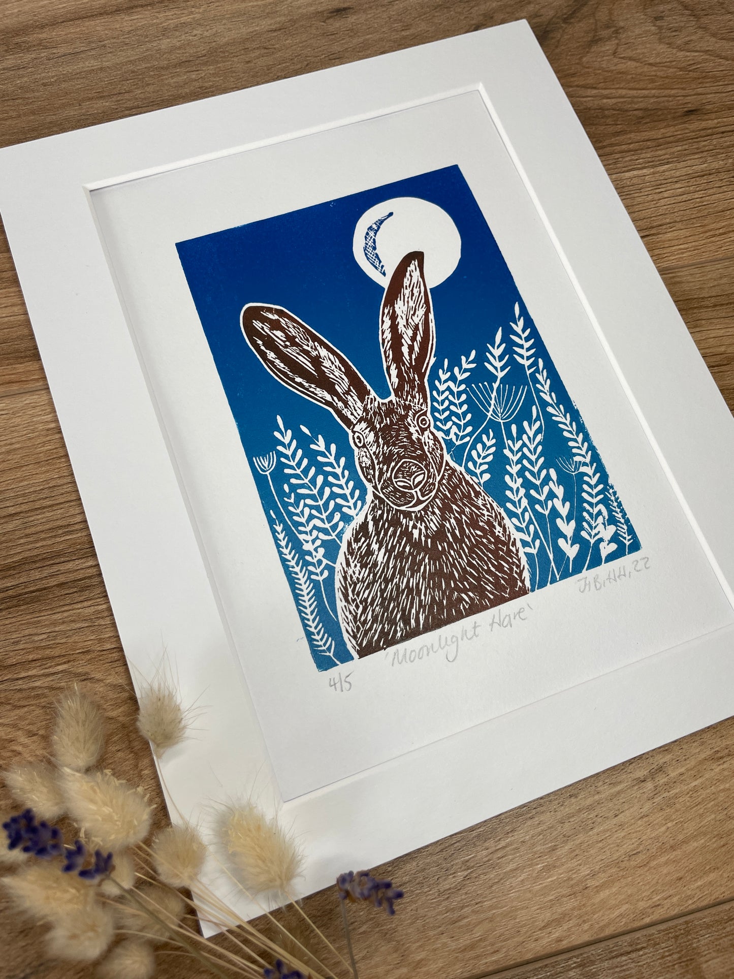 Moonlight meadow hare original mammal Linocut print