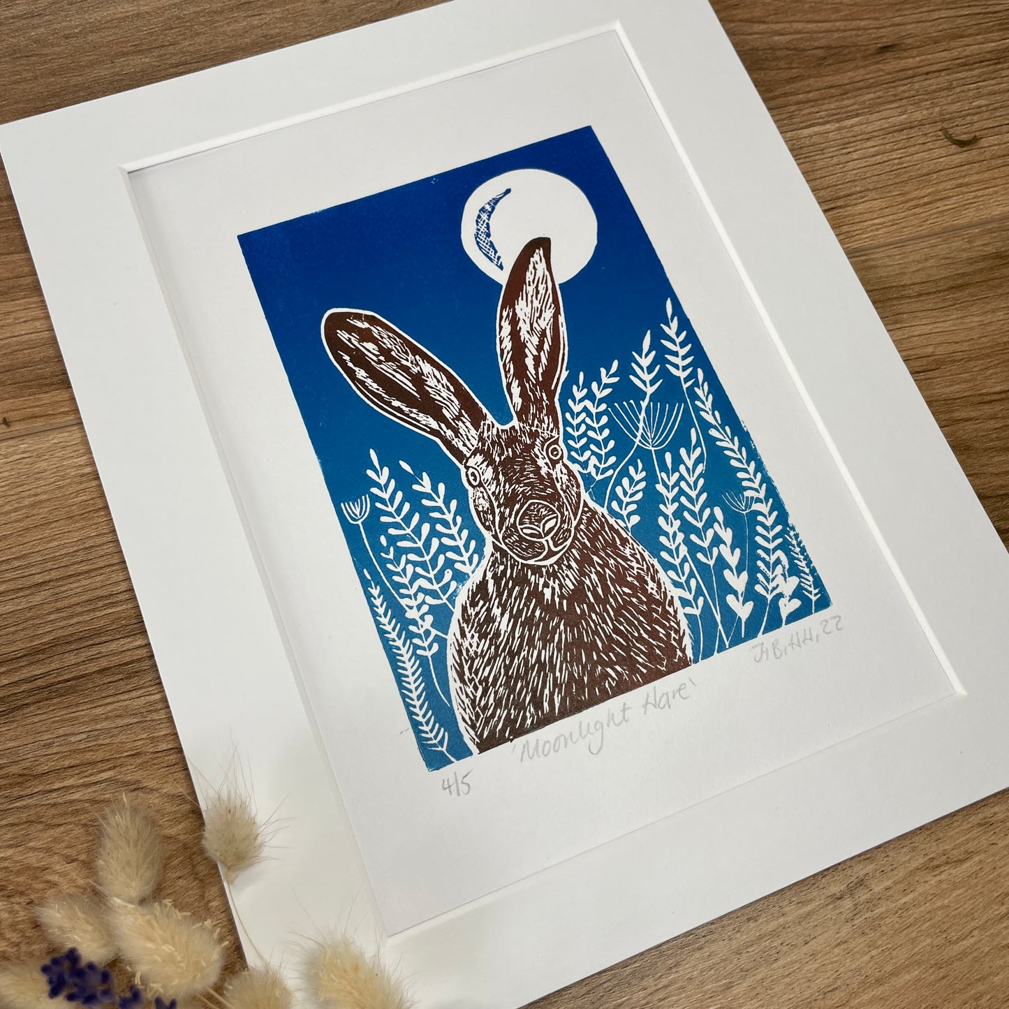 Moonlight meadow hare original mammal Linocut print