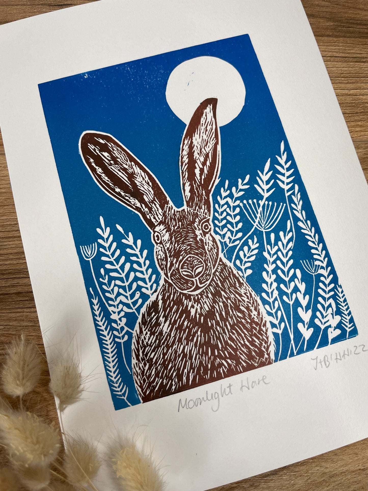 Moonlight meadow hare original mammal Linocut print