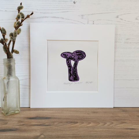 Mini Amethyst Deceiver fungi prints - hand printed lino art print wall decor