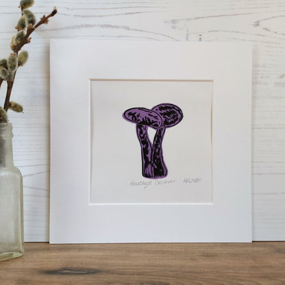 Amethyst Deceiver fungi original linocut print