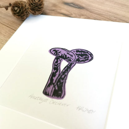Amethyst Deceiver fungi original linocut print
